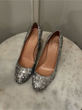 J. Crew Silver Sequin Block Heel Pumps